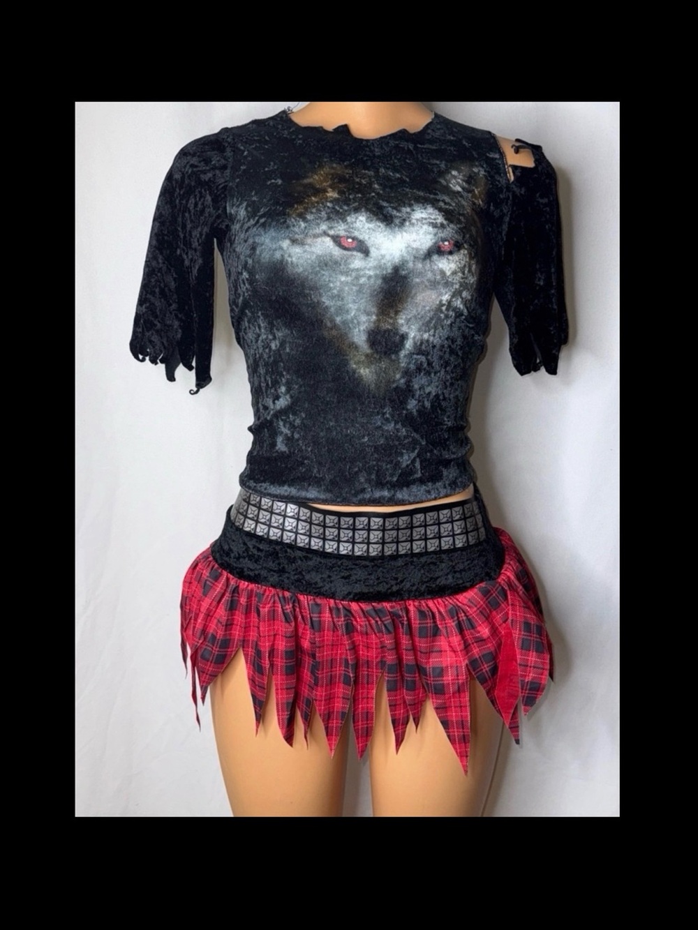 Black Wolf Graphic Velvet Top with Red Plaid Mini Skirt